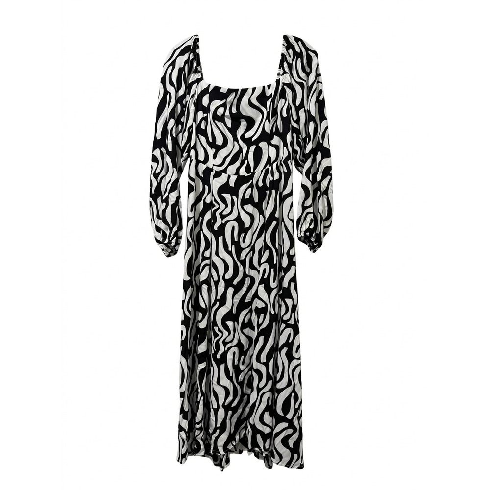 Faithfull The Brand La Vita Black White Abstract Swirl Midi Dress Size 6